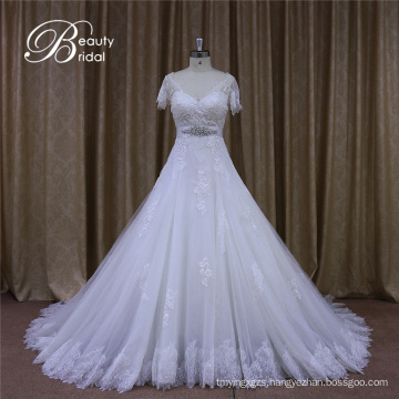 V Neck A Line Short Sleeve Appliques Wedding Dresses